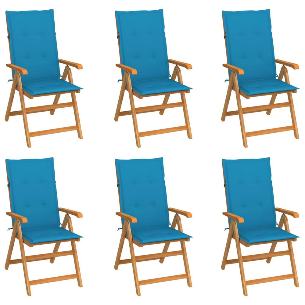 Ensemble de 6 chaises pliantes en teck massif avec coussins bleus