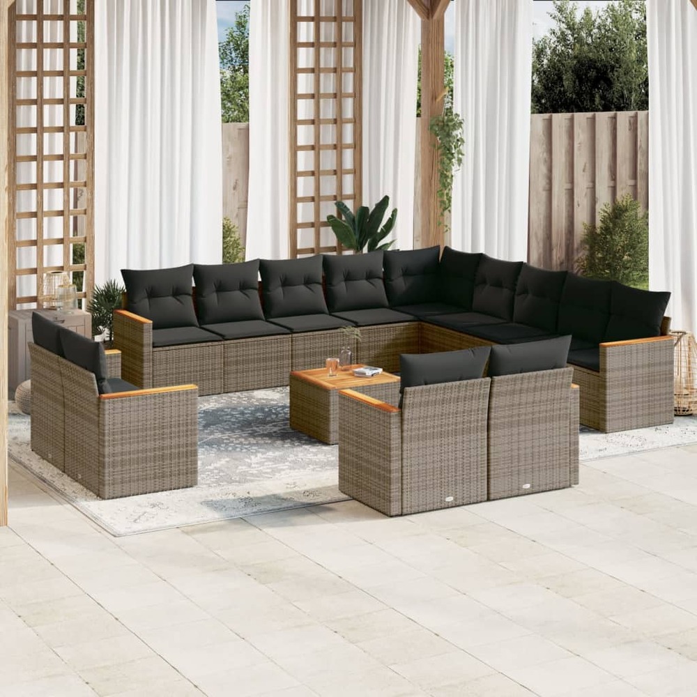 Salon de jardin avec coussins 14 pcs gris résine tressée