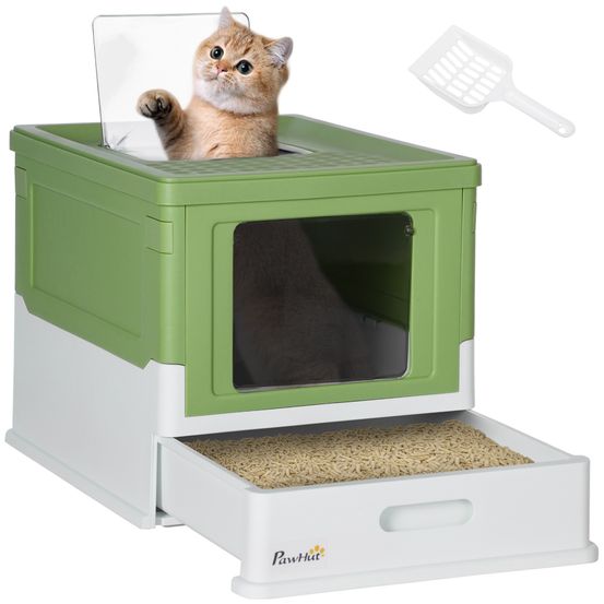 Maison de toilette pliable pour chat double entrée avec tiroir et pelle 47,5 cm blanc vert