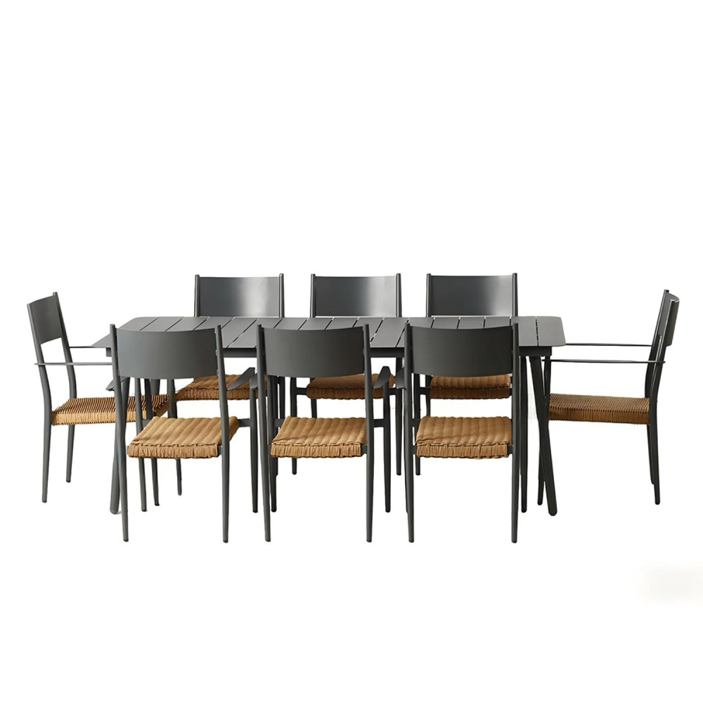 Ensemble table de jardin 200 cm et 8 fauteuils gris foncé effet rotin canberra