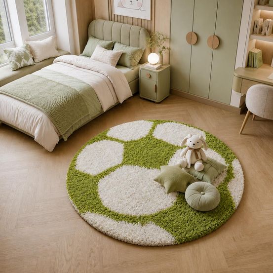 Tapis enfant ø120cm rond tissé vert et crème shaggy foot