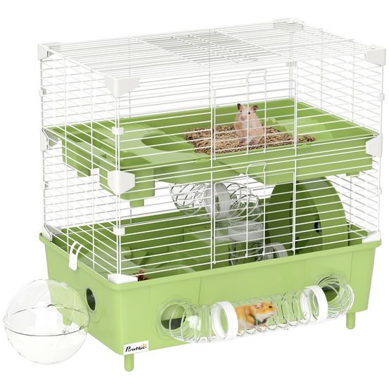 Cage hamster acier pour rongeurs nains 2 niveaux accessoires 44x28x44cm vert