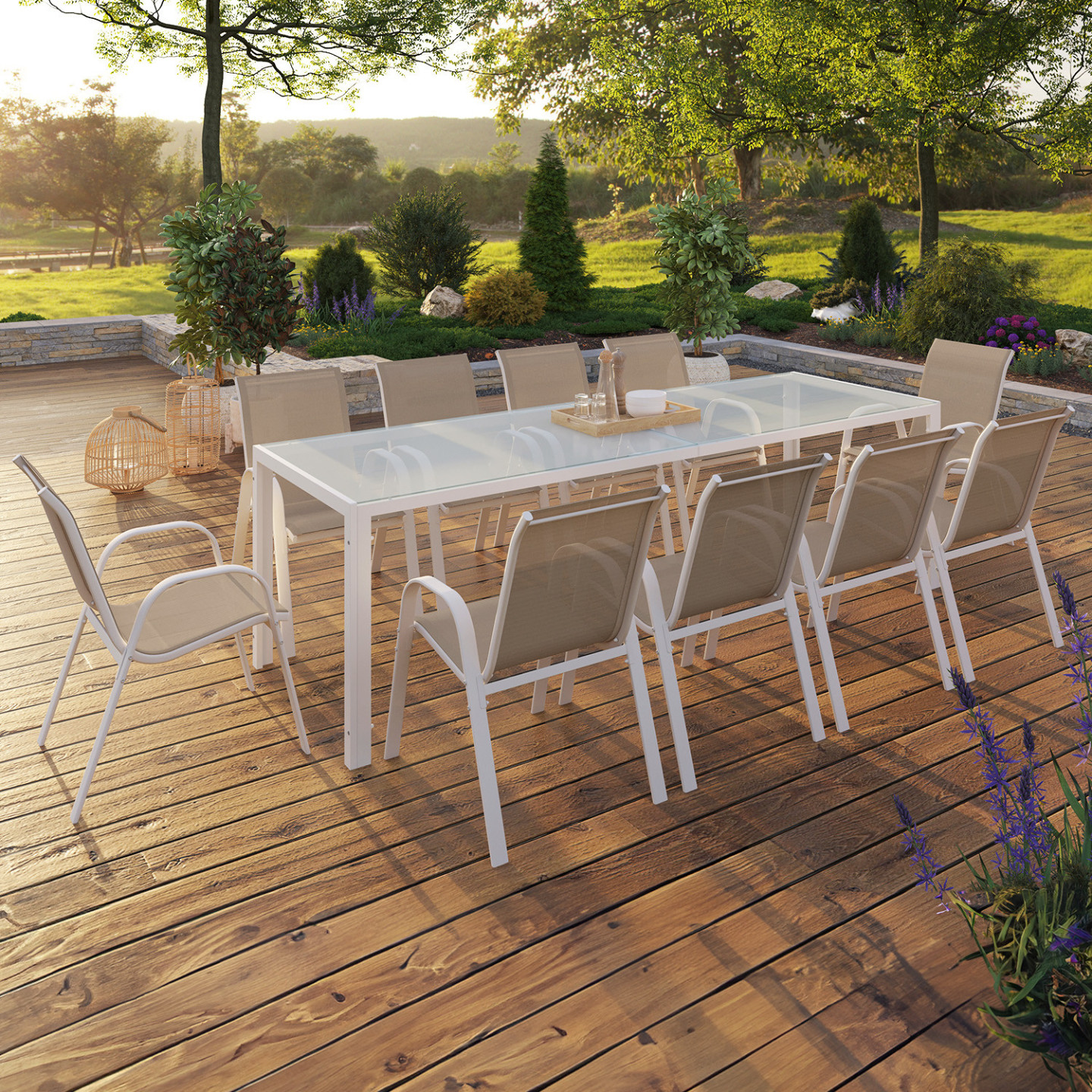 Salon de jardin madrid table 240 cm et 10 chaises empilables blanc et beige
