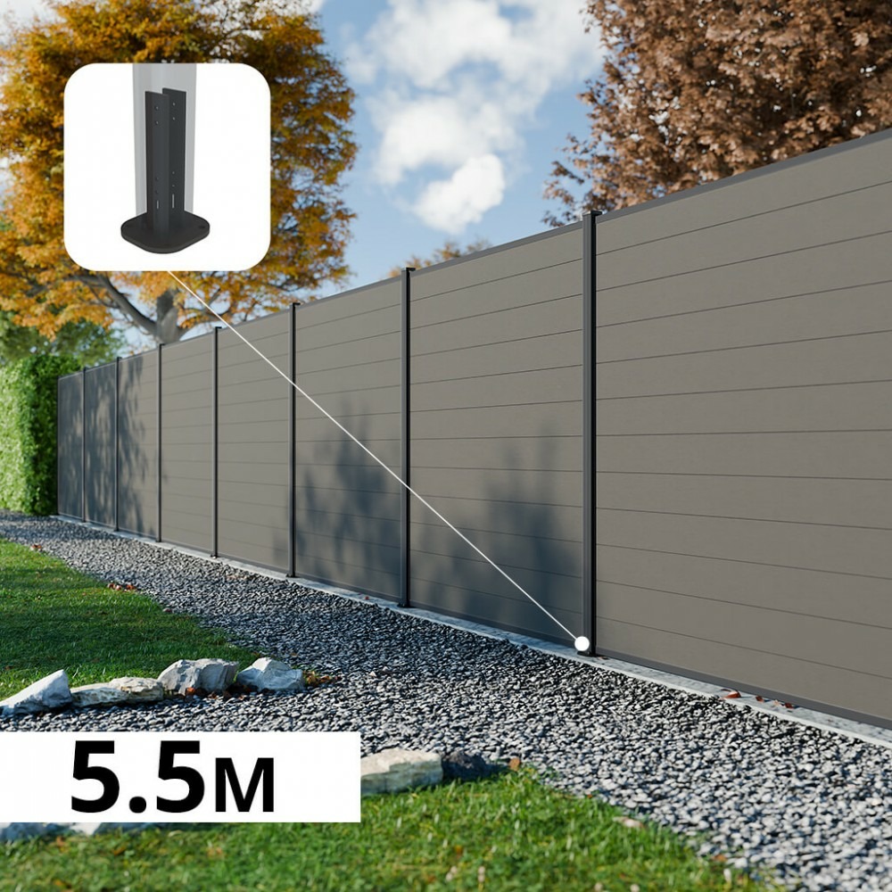 Kit clôture composite rio platines 5,5x1,8m - bois composite & aluminium - poteaux sur platines gris - brise vue - palissade