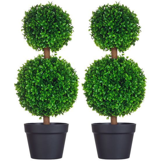 Lot de 2 buis artificiels double boules pe décoration bucolique 60cm vert
