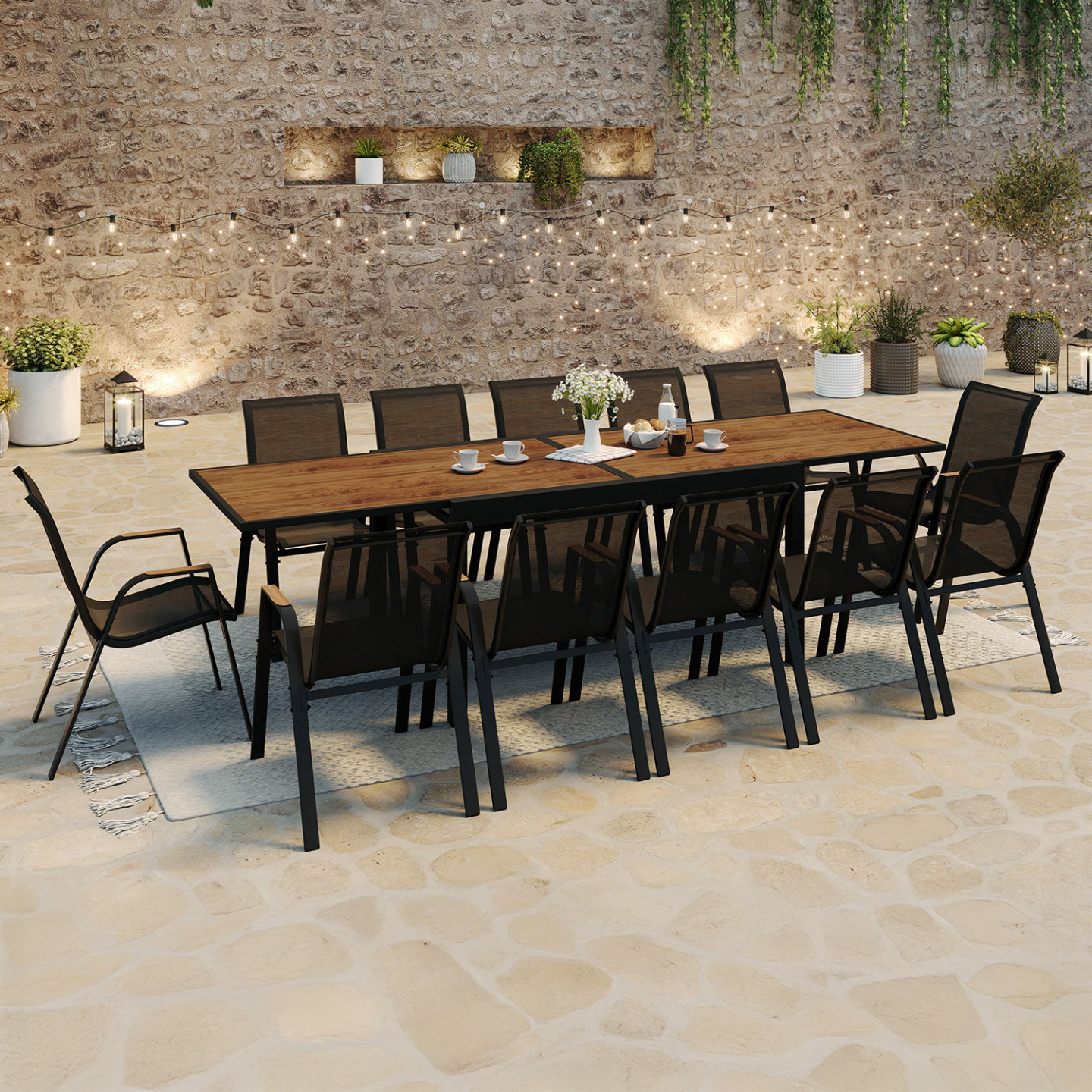 Salon de jardin noumea table extensible 135/270 cm plateau verre trempé effet bois et 12 chaises empilables noir et bois