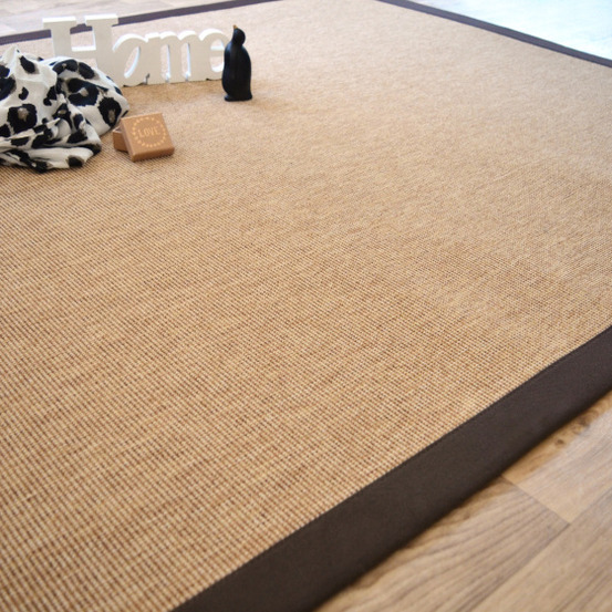 Tapis tissé plat - mahé naturel - ganse coton marron - 200 x 290 cm