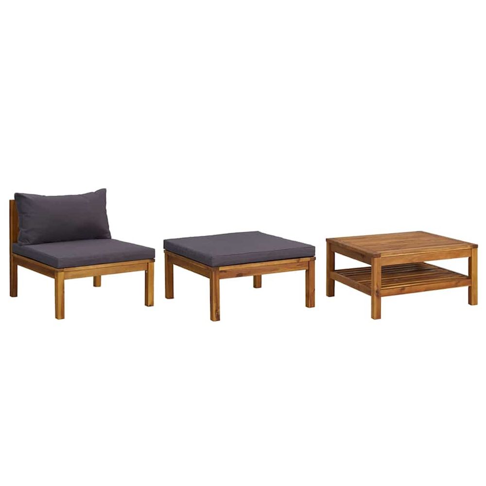 Salon de jardin 3 pcs avec coussins gris foncé bois d'acacia