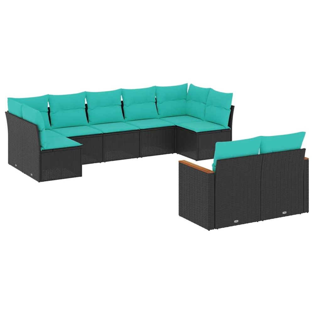 Salon de jardin 9 pcs avec coussins noir résine tressée
