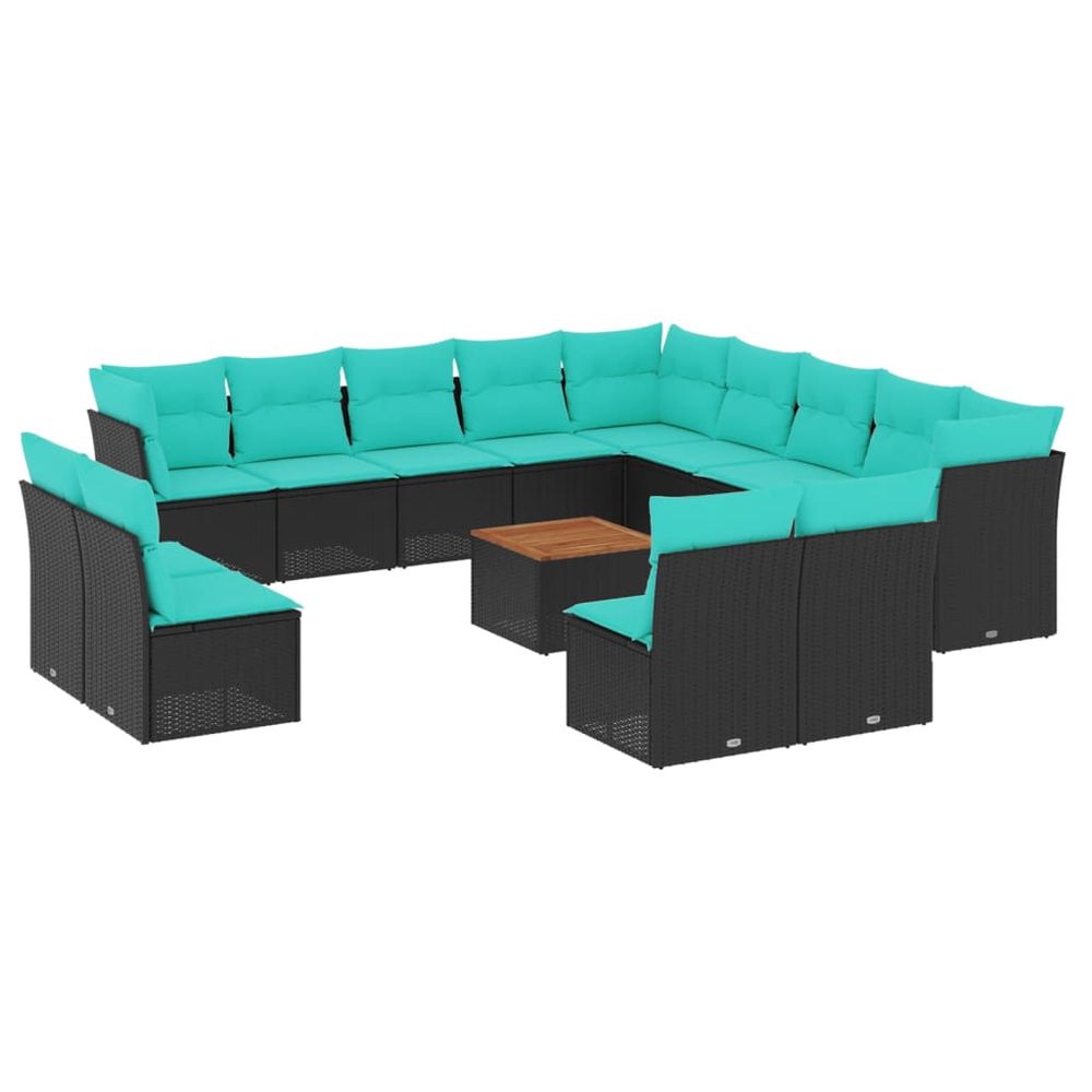 Salon de jardin avec coussins 14 pcs noir résine tressée