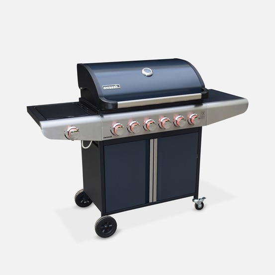Barbecue gaz bazin, 6 brûleurs + 1 feu latéral avec tablettes latérales et thermomètre