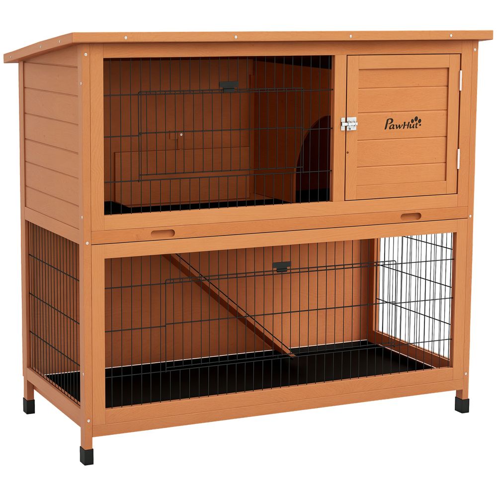 Clapier pour lapins en bois de sapin 123 x 63 x 112 cm orange 2 niveaux extérieur sécurisé