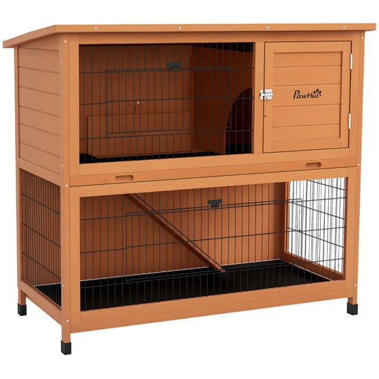 Clapier pour lapins en bois de sapin 123 x 63 x 112 cm orange 2 niveaux extérieur sécurisé