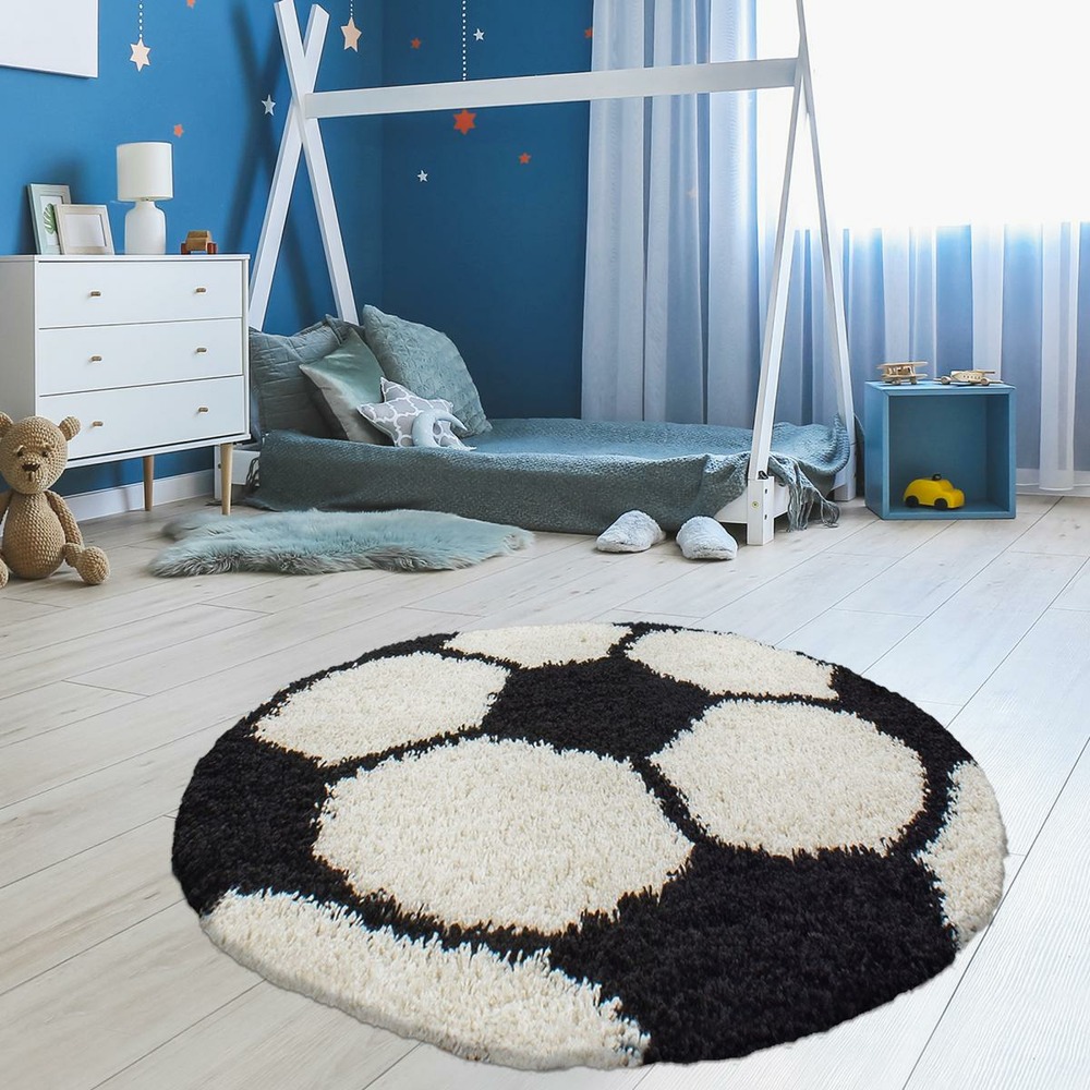 Tapis enfant ø120cm rond tissé noir et crème shaggy foot