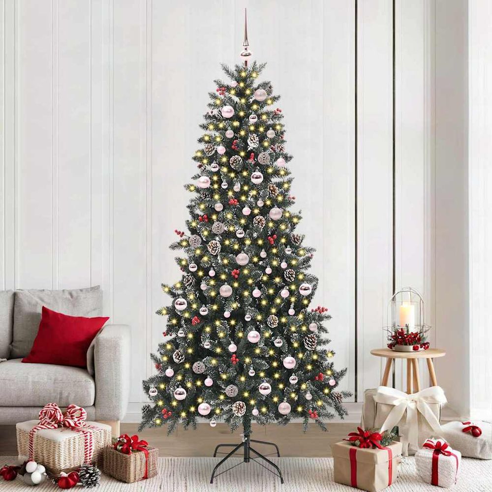 Sapin de noël artificiel 240 cm avec neige, pré-éclairé 300 led et décorations forêt