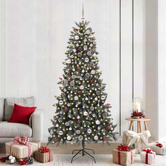Sapin de noël artificiel 240 cm avec neige, pré-éclairé 300 led et décorations forêt