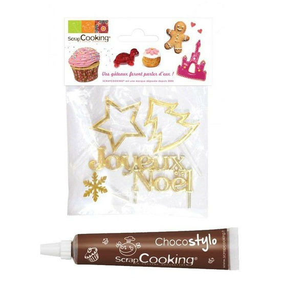 Stylo chocolat + 4 accessoires de noël dorés