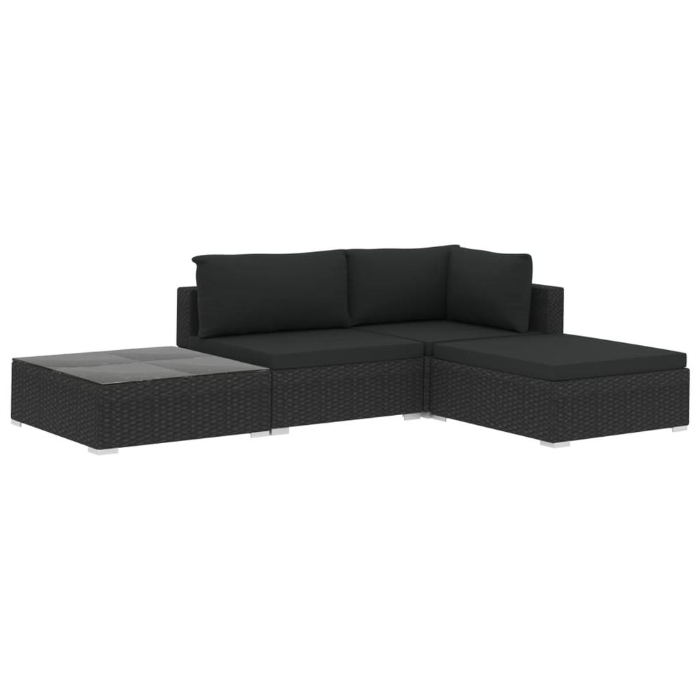 Salon de jardin 4 pcs avec coussins résine tressée noir