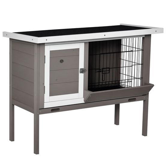 Clapier extérieur sur pieds en bois pour lapin toit bitumé mangeoire intégrée 91cm gris