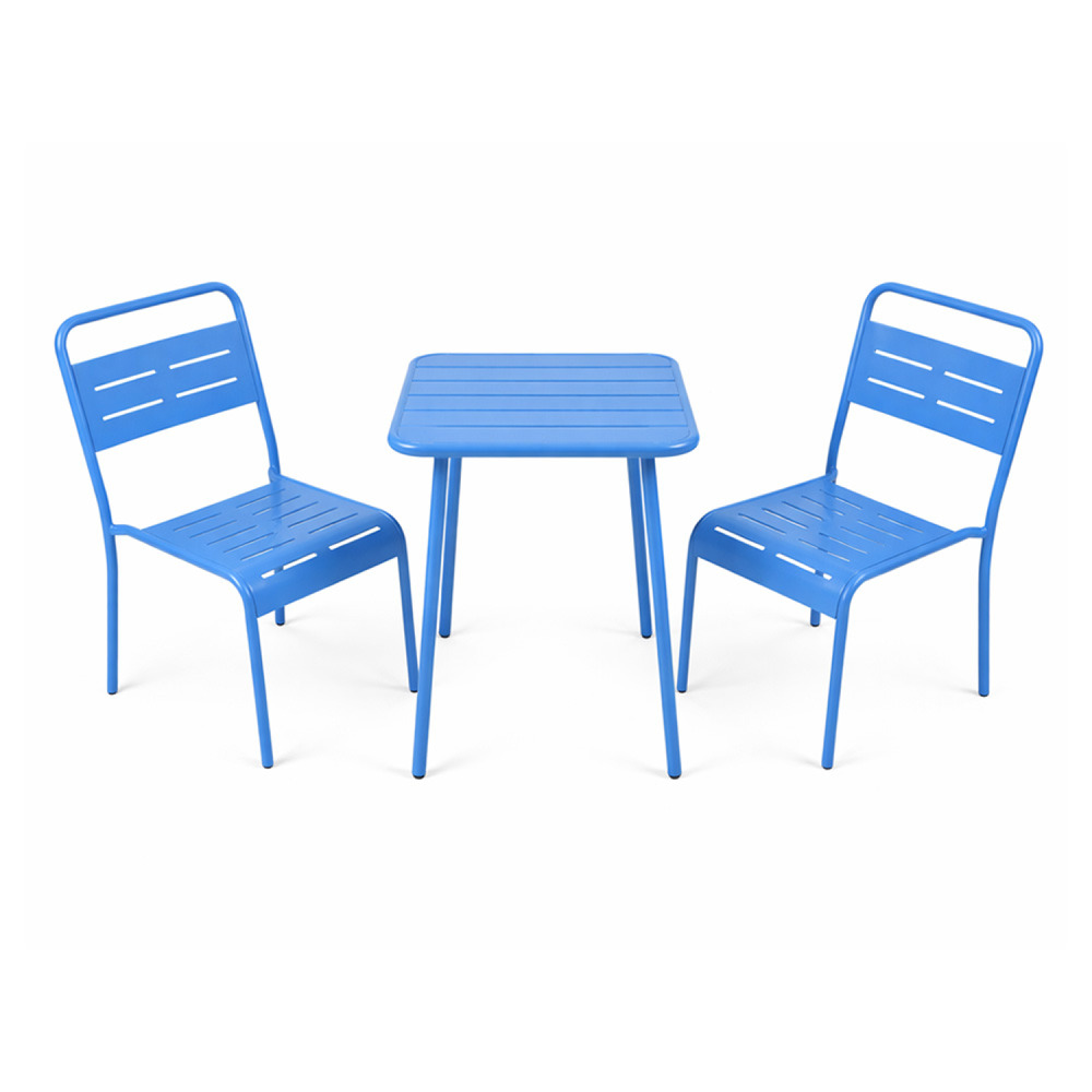 Ensemble table de jardin carrée et 2 chaises bleu bergame