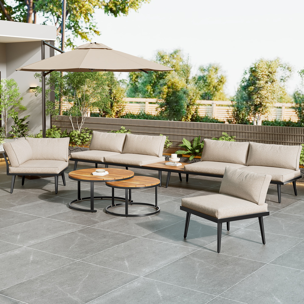 Ensemble jardin 5-6 pers: chaises longues + salon + ensemble repas, acier galvanisé 6 pièces beige, terrasse/balcon