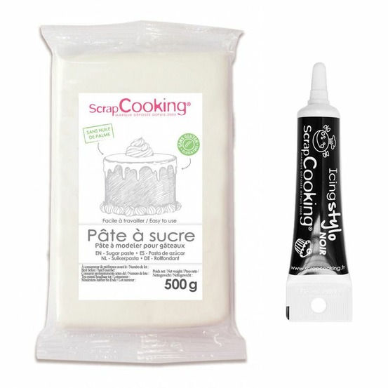 Pâte à sucre blanche 500 g + stylo de glaçage noir
