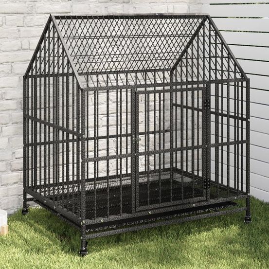 Cage pour chien mobile à roues intérieur et extérieur acier galvanisé