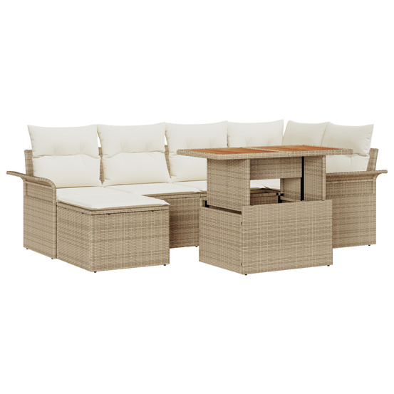 Ensemble de repas de jardin 7 pièces avec coussins beige en poly rattan