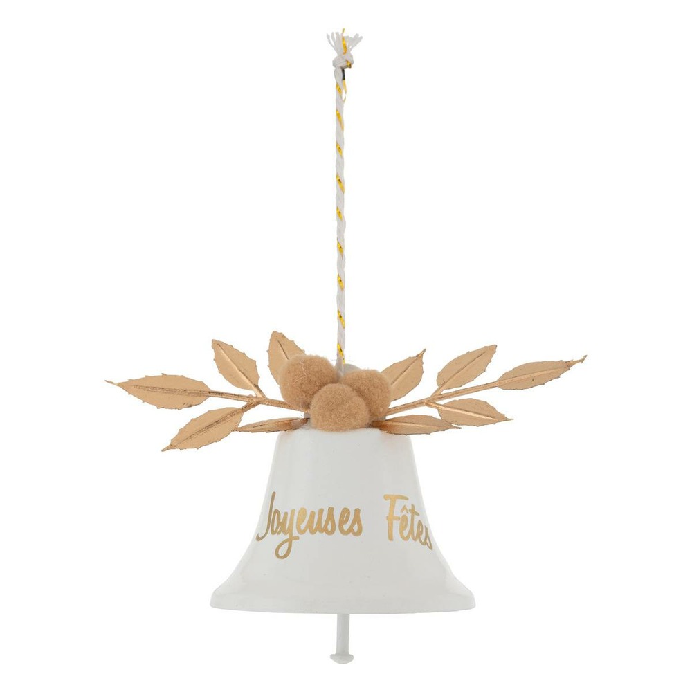 Décoration de sapin en métal cloche joyeuses fêtes blanc or 8cm