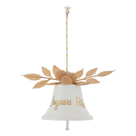 Décoration de sapin en métal cloche joyeuses fêtes blanc or 8cm