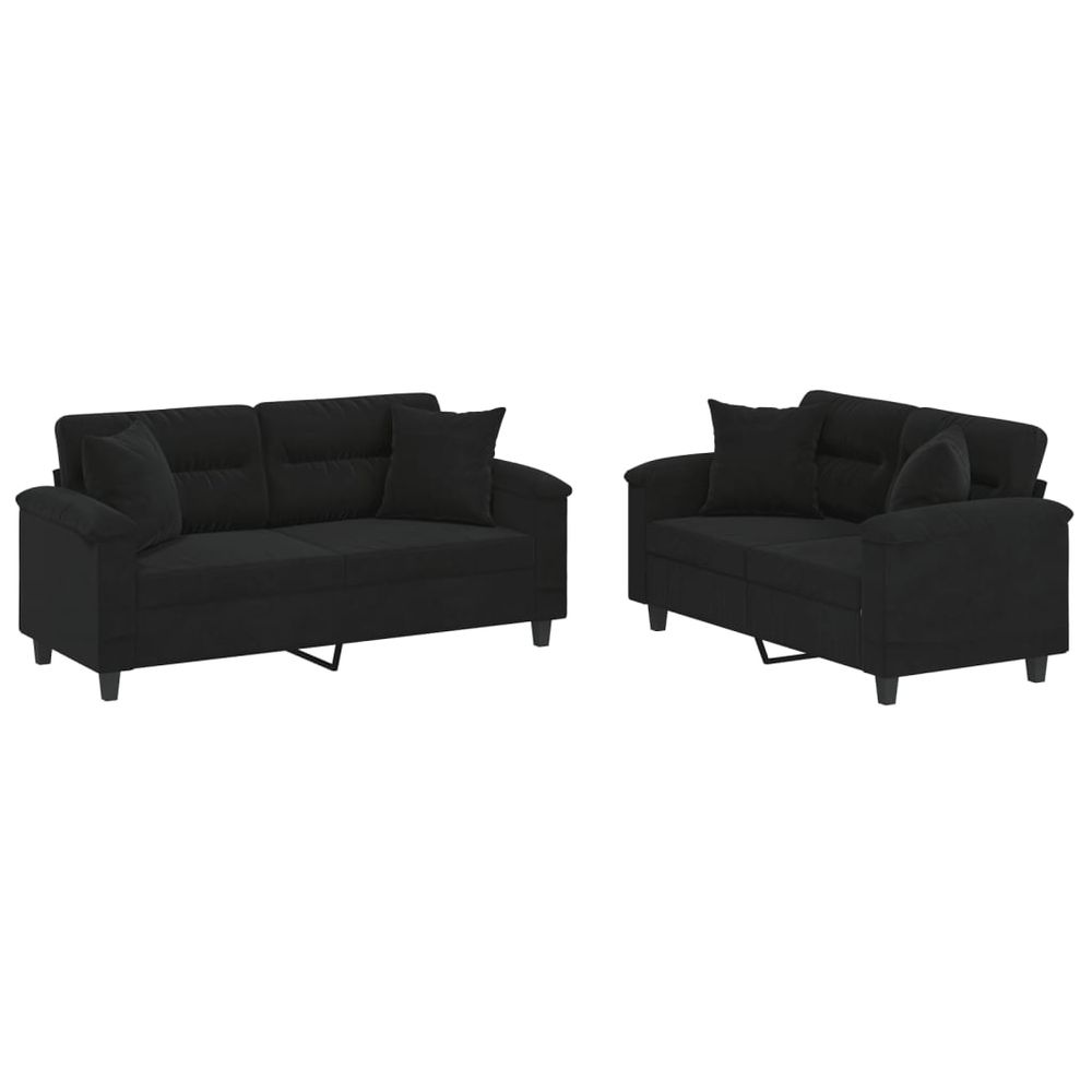 Ensemble de canapés 2 pcs avec coussins noir tissu microfibre