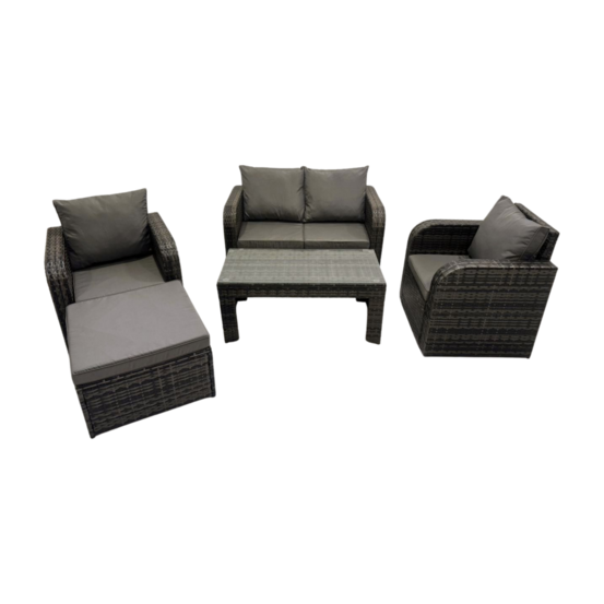 Salon de jardin avec table basse rectangulaire grand tabouret canapé d'amour gris foncé mixte