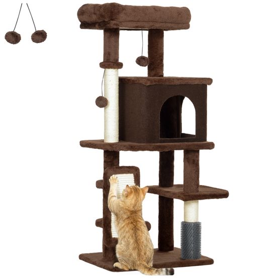 Arbre à chats 104 cm avec niche brosse de massage griffoir et jouets suspendus marron