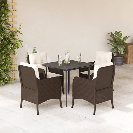 Ensemble à manger de jardin 5 pcs et coussins marron poly rotin