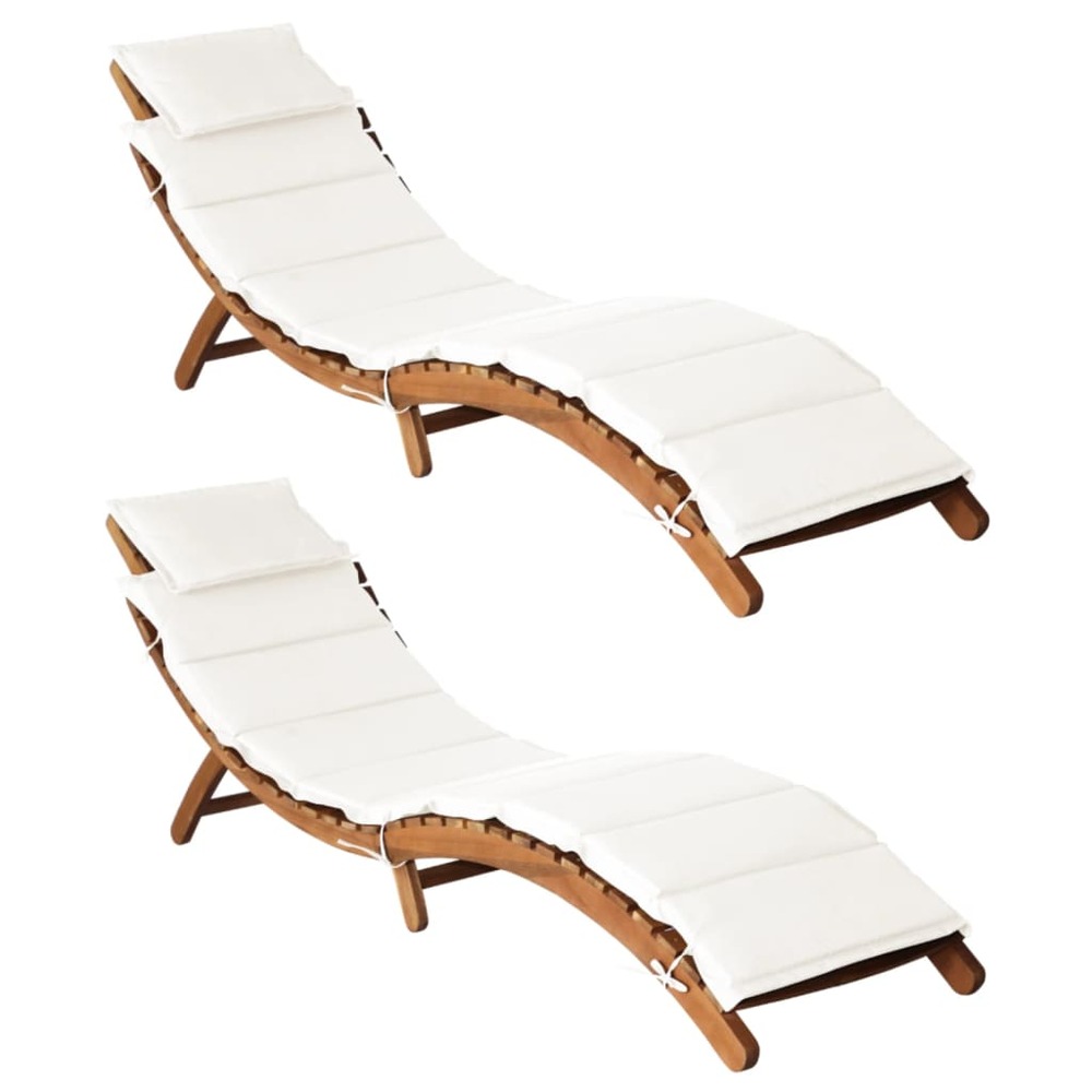 Lot de deux chaises longues et coussins crème blanc bois massif acacia