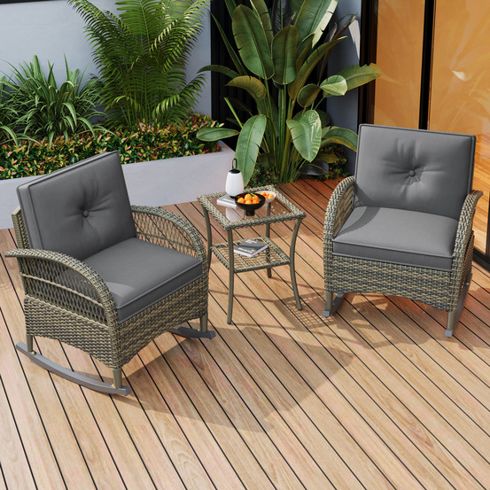Ensemble de balcon en rotin, 3 pièces, coussins gris, capacité de charge 160 kg