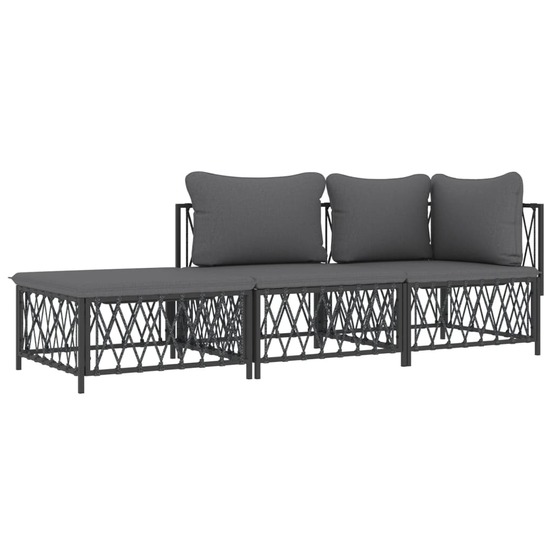 Salon de jardin meuble d'extérieur ensemble de mobilier avec coussins 3 pièces anthracite acier