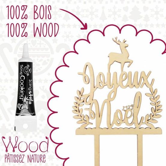 Cake topper en bois joyeux noël + stylo de glaçage noir
