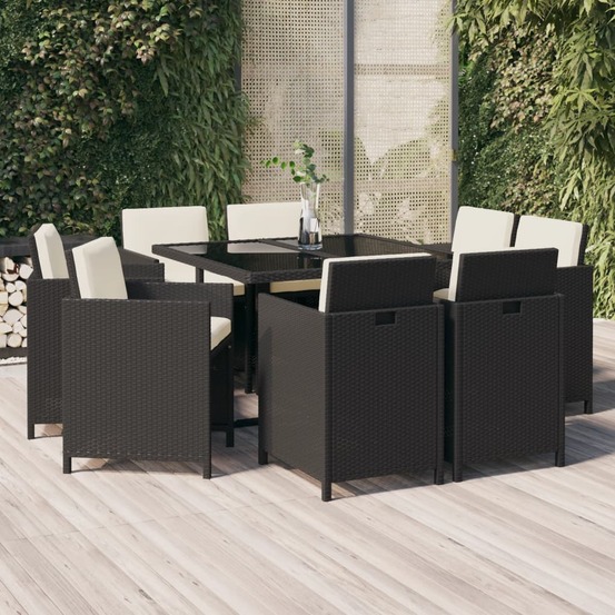 Ensemble à manger de jardin coussins 9pcs résine tressée noir