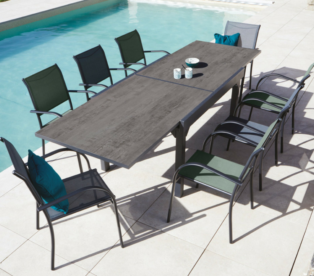 Ensemble table et chaises de jardin - 8 places - gris et vert sauge - honfleur xl spc beziers ardoise
