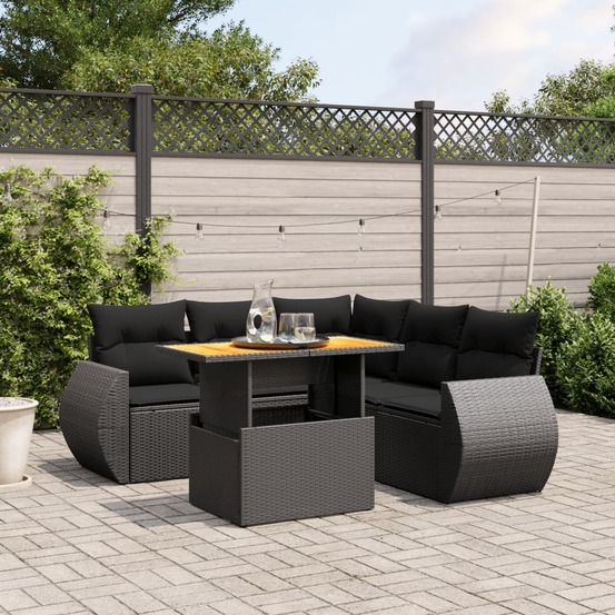 Salon de jardin 6 pcs avec coussins noir résine tressée