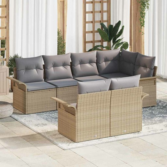 Ensemble de canapé de jardin avec coussin 7 pcs beige polyrotin
