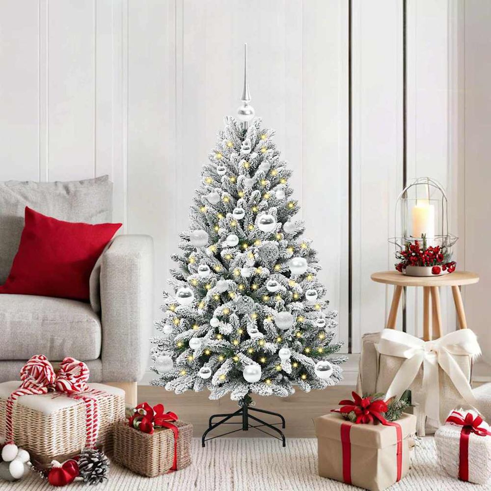 Sapin de noël lumineux 120 cm effet neige, set complet avec décorations pour fêtes de fin d'année