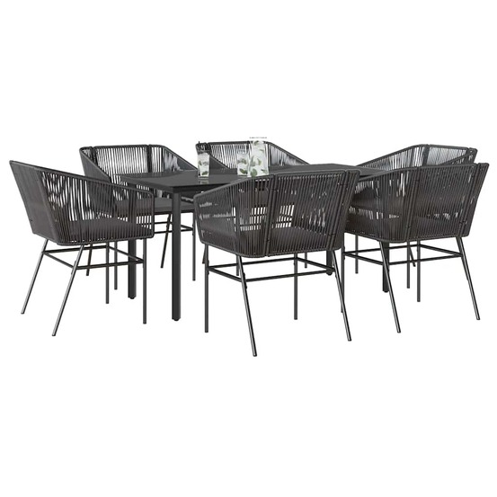 Ensemble à manger de jardin coussins 7pcs noir poly rotin verre
