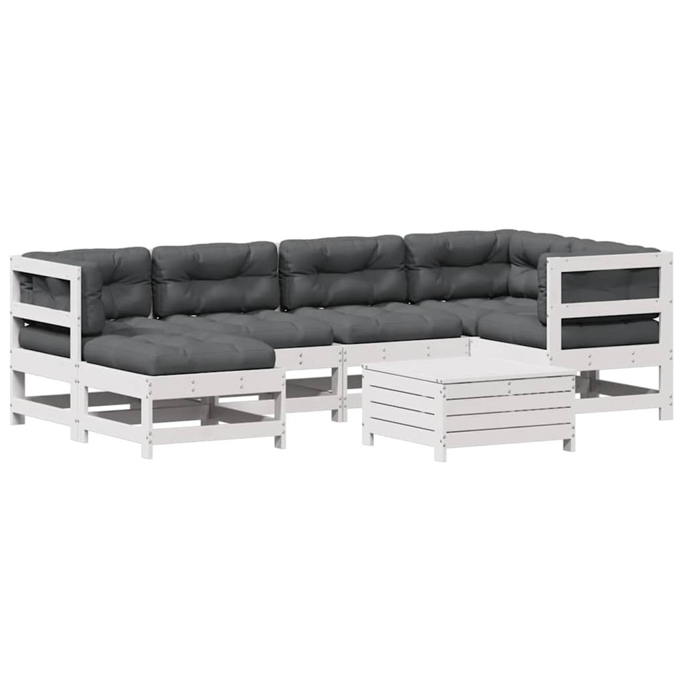 Salon de jardin 7 pcs avec coussins blanc bois de pin massif