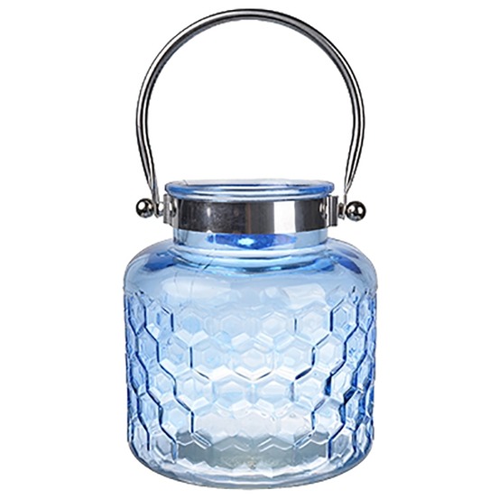 Lanterne verre bleu à anse chromée 18x20cm