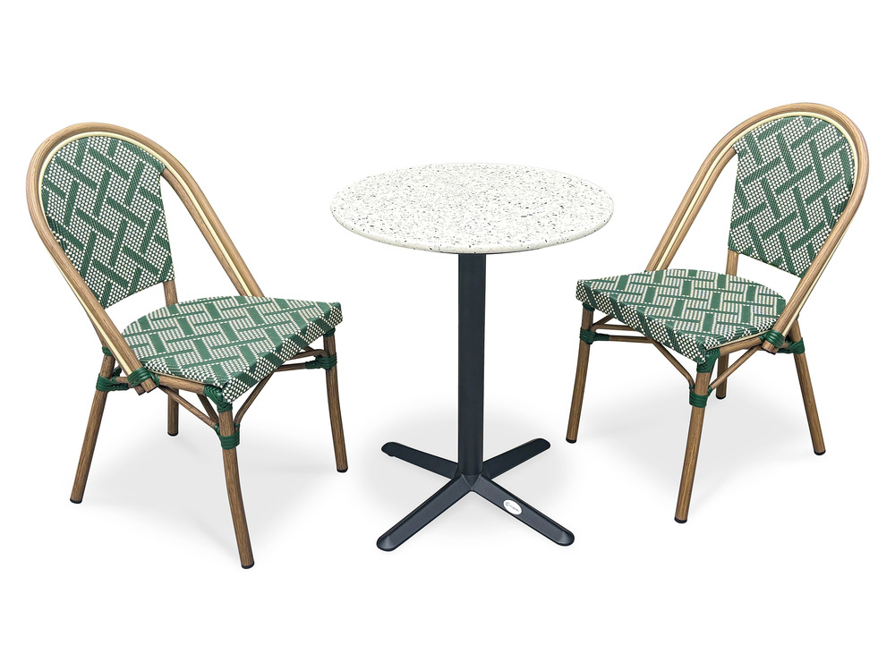 Ensemble bistro plateau terrazzo et assise textilène vert et blanc