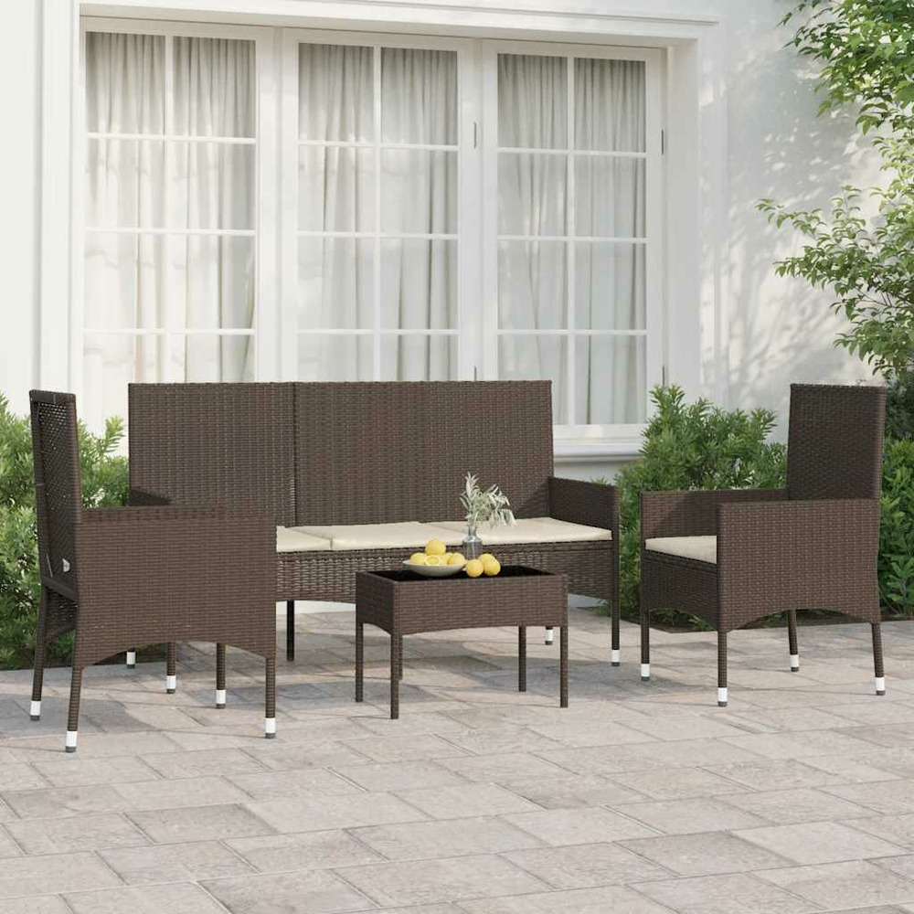 Salon de jardin 4 pcs avec coussins marron résine tressée