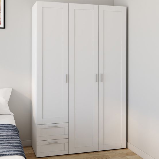 Armoire 3 portes vito blanc penderie 120 cm avec 2 tiroirs et étagères