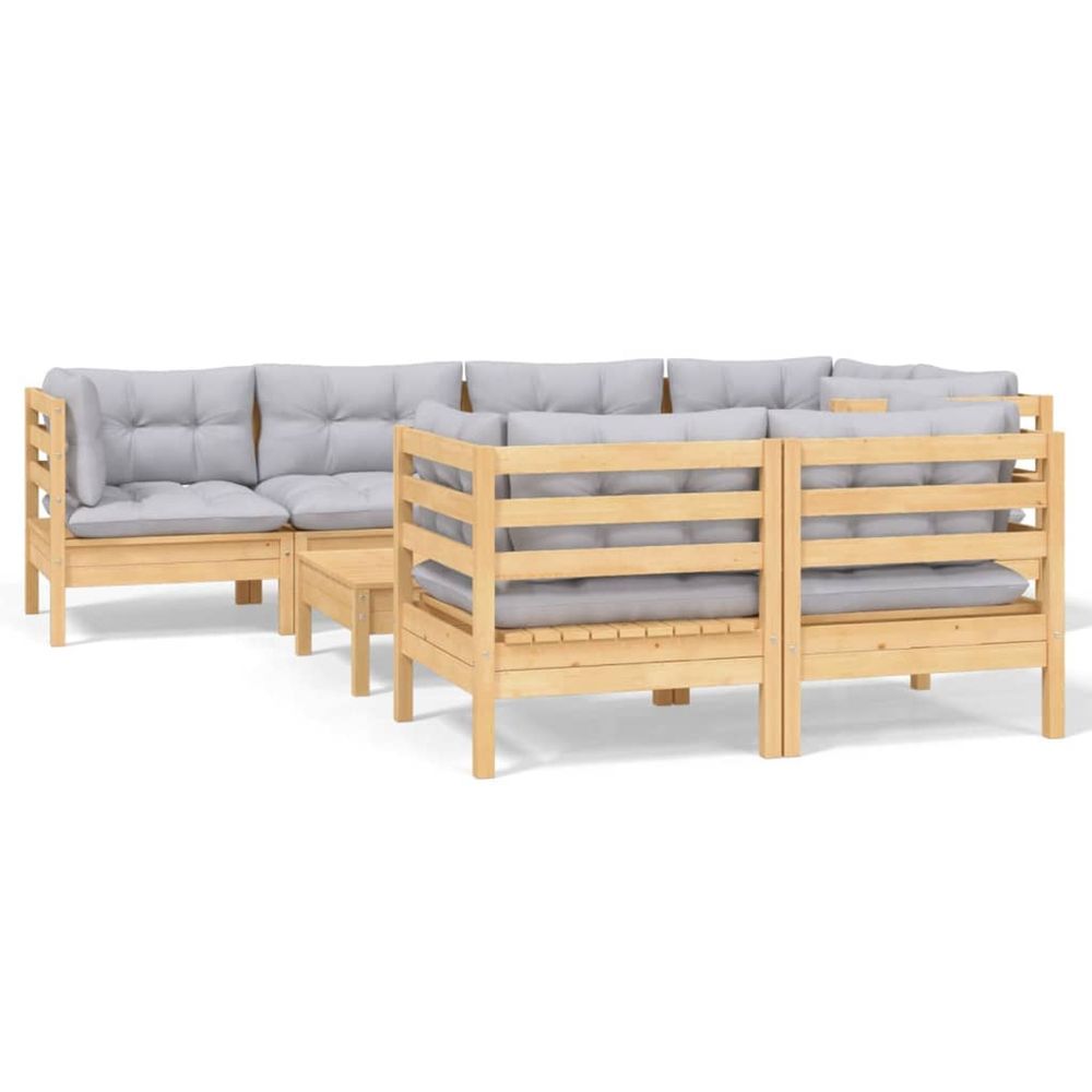 Salon de jardin 8 pcs avec coussins gris bois de pin massif